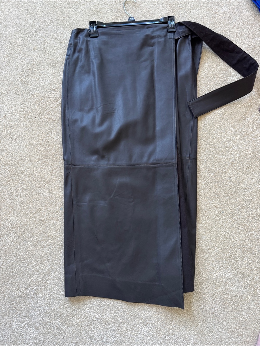 COS brown real Leather Wrap Skirt with Tie Waist sz 10